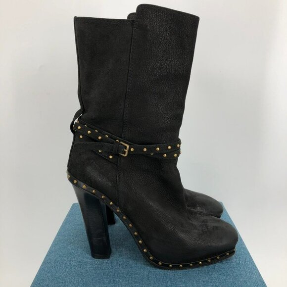 Miu Miu Black Leather Heeled Booties w Gold Studs and Studded Belt Detail size 8 - Picture 12 of 12
